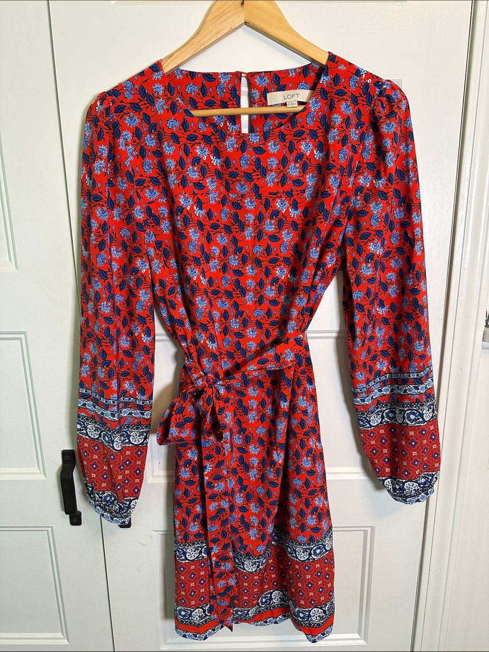 LOFT Red & Blue Floral Long Sleeve Wrap Dress - Picture 3 of 5